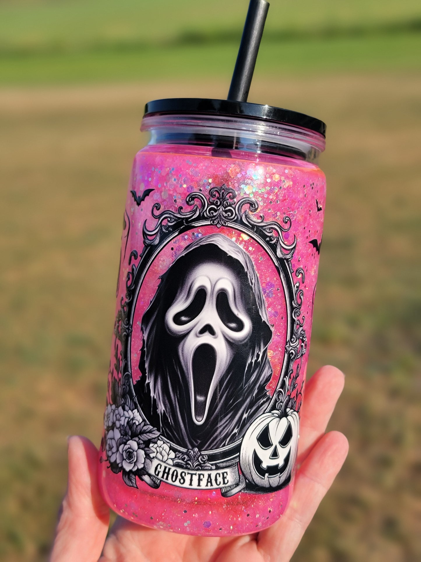 Pink Ghostface glitter snowglobe 16oz tumbler