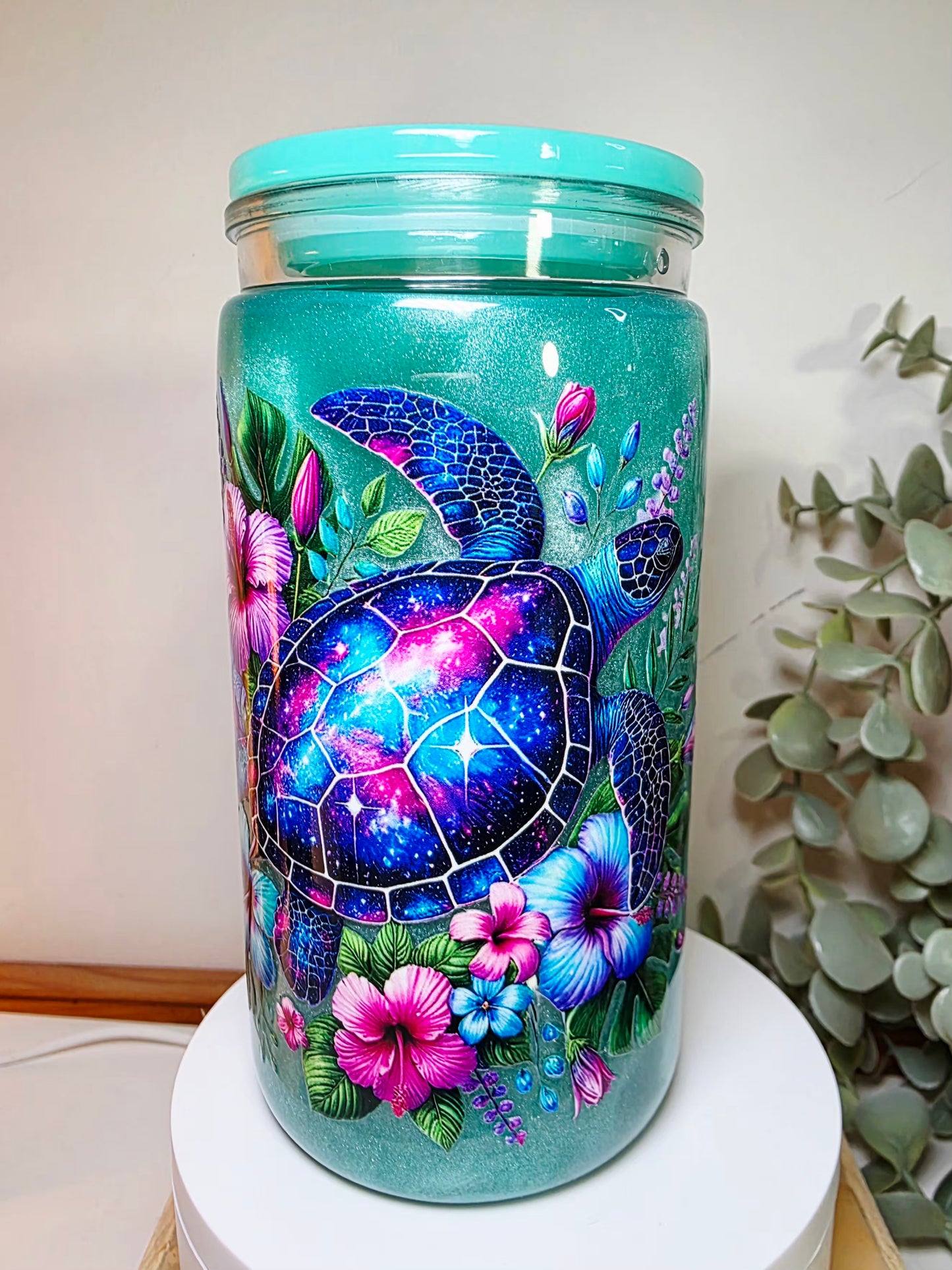 Pre-made 16oz acrylic snowglobe. Green magic mica turtle cup.