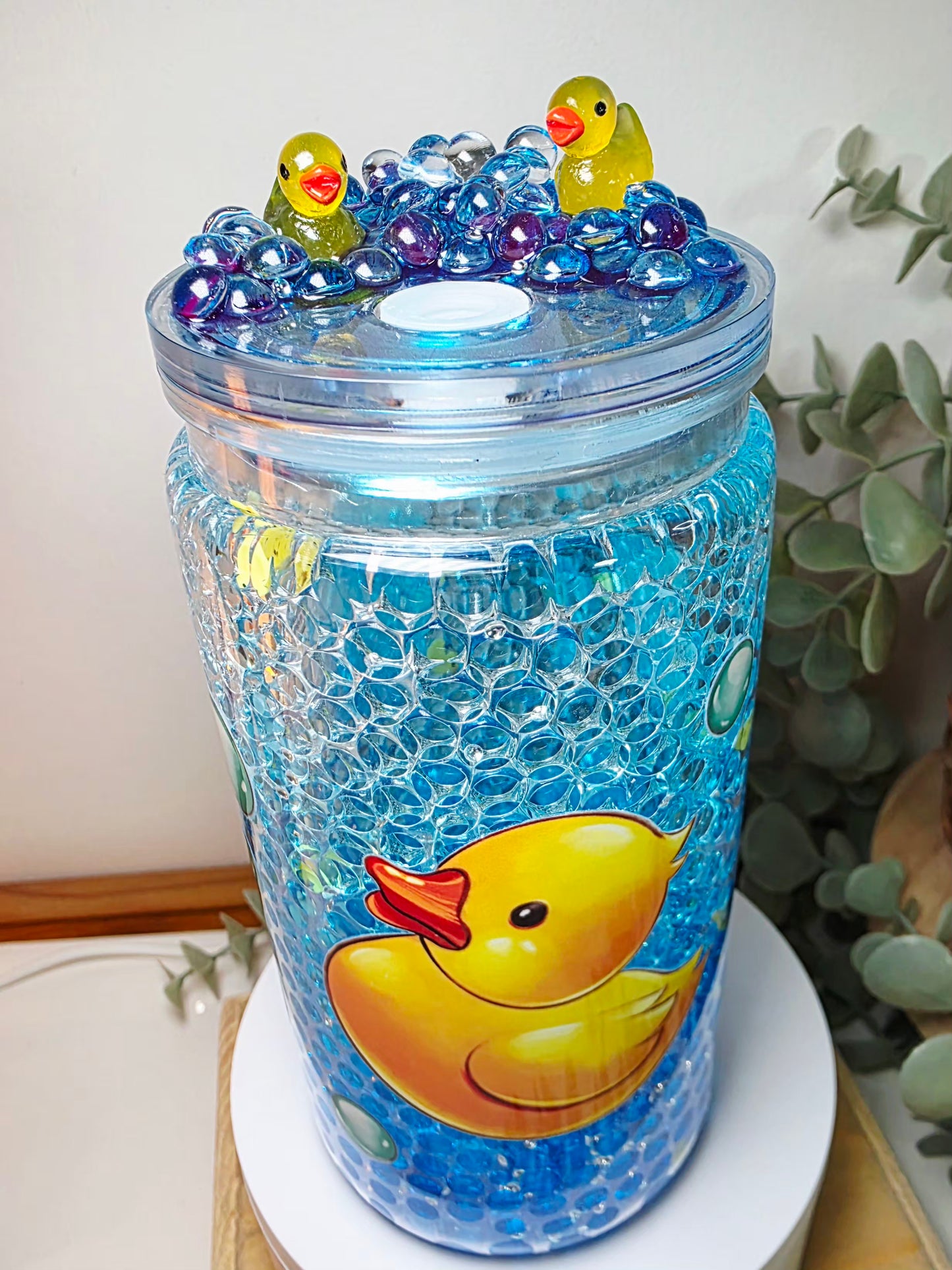 Pre-made 16oz acrylic snowglobe. Ducky