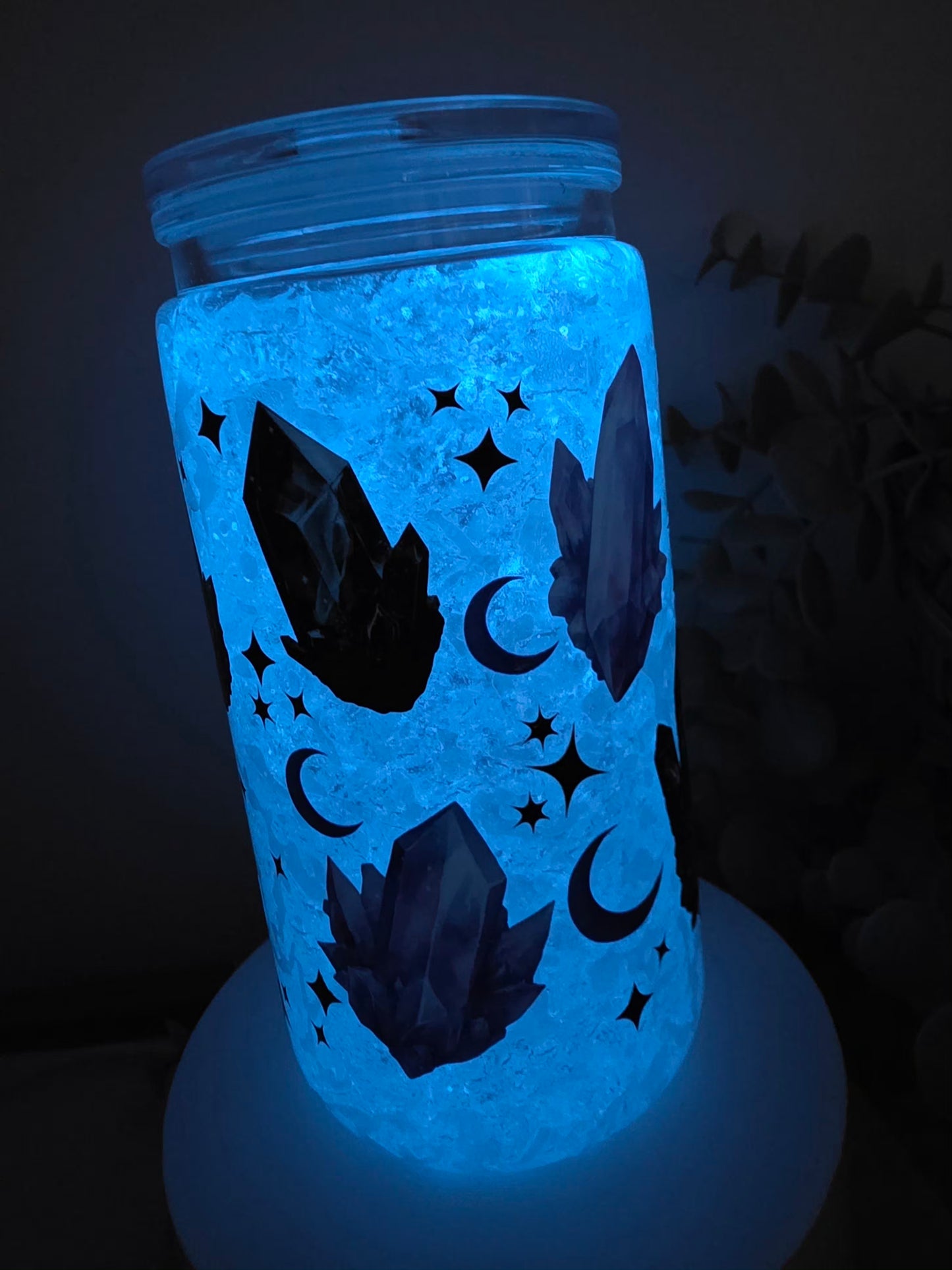 Pre-made 16oz acrylic snowglobe glow in the dark crystal cup.