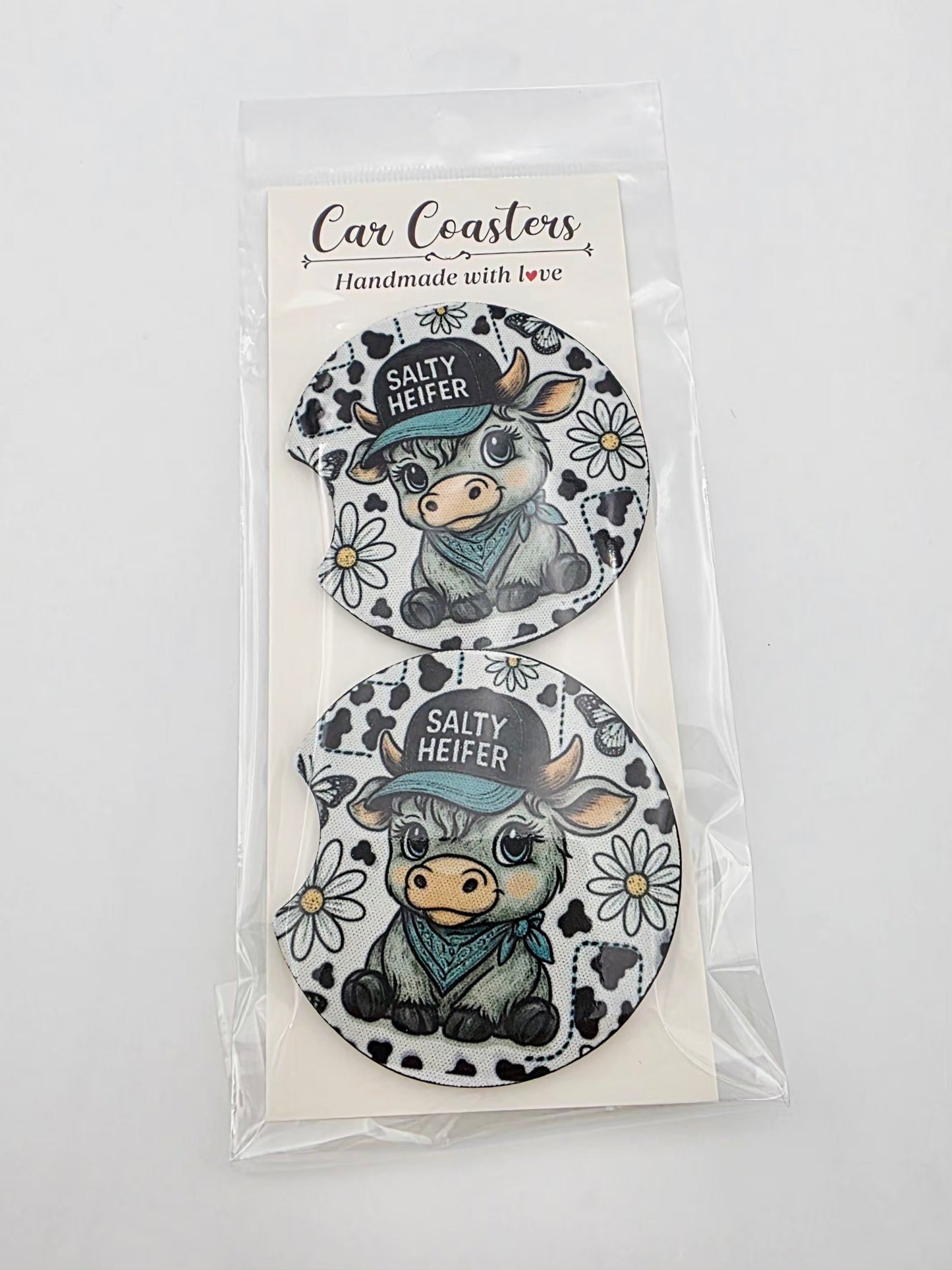 Salty heifer car coasters