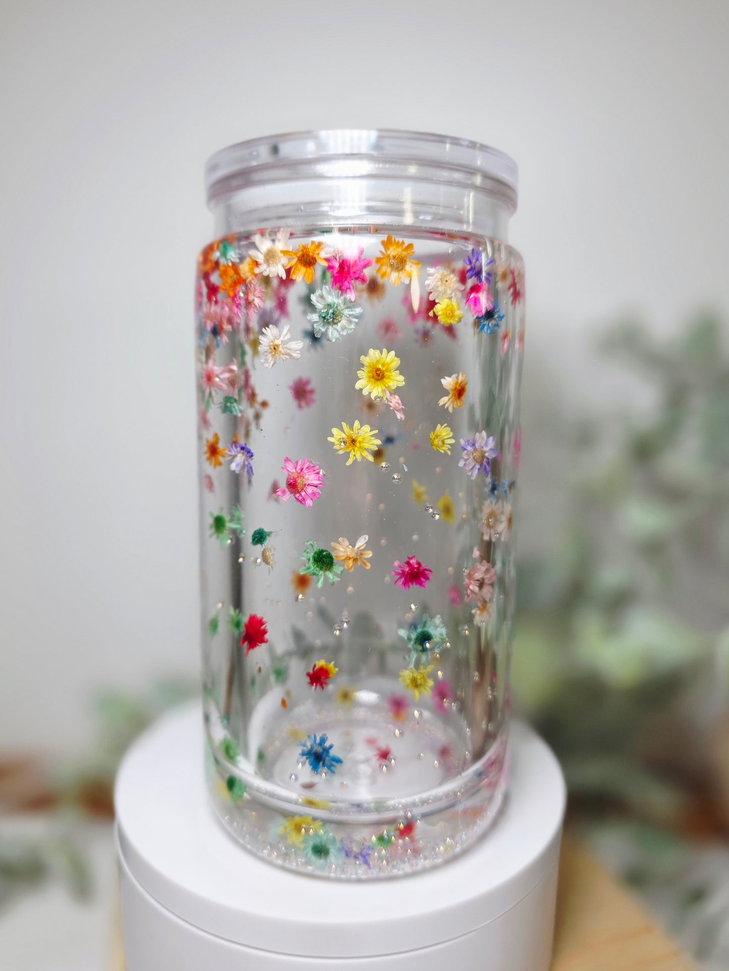 Pre-made flower 16oz snowglobe tumbler.