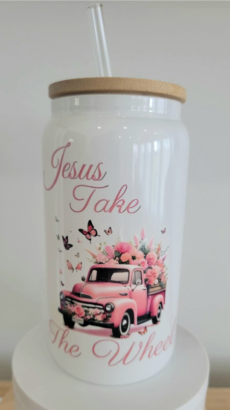 Jesus Take the wheel 16oz.white Glass.