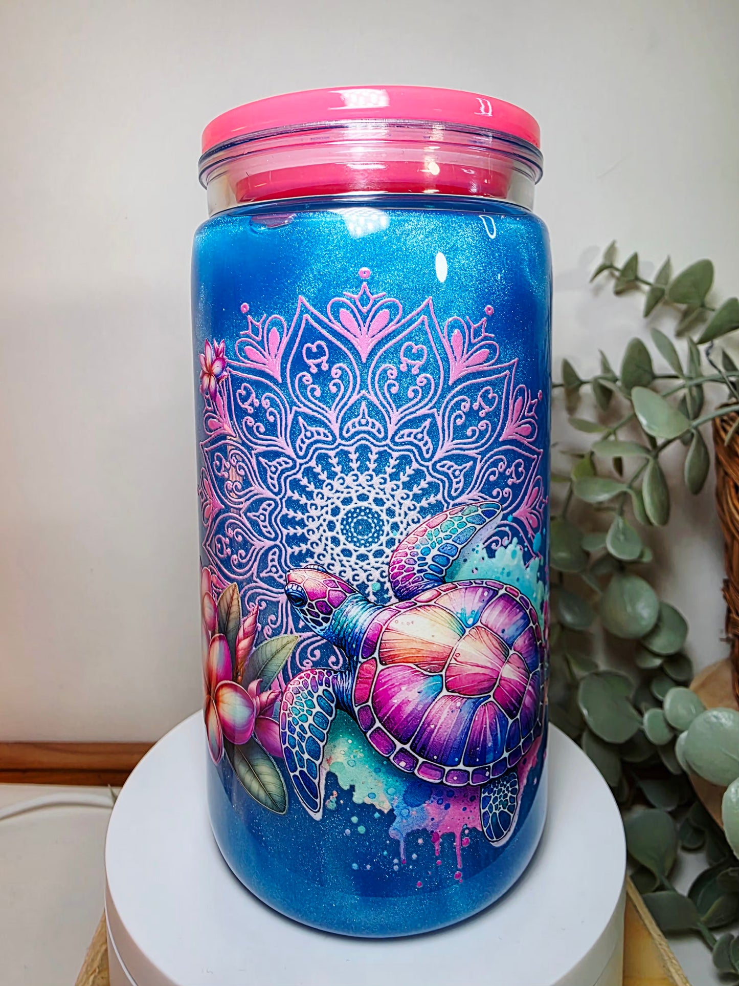 Pre-made 16oz acrylic snowglobe.  Magic mica glow in the dark.