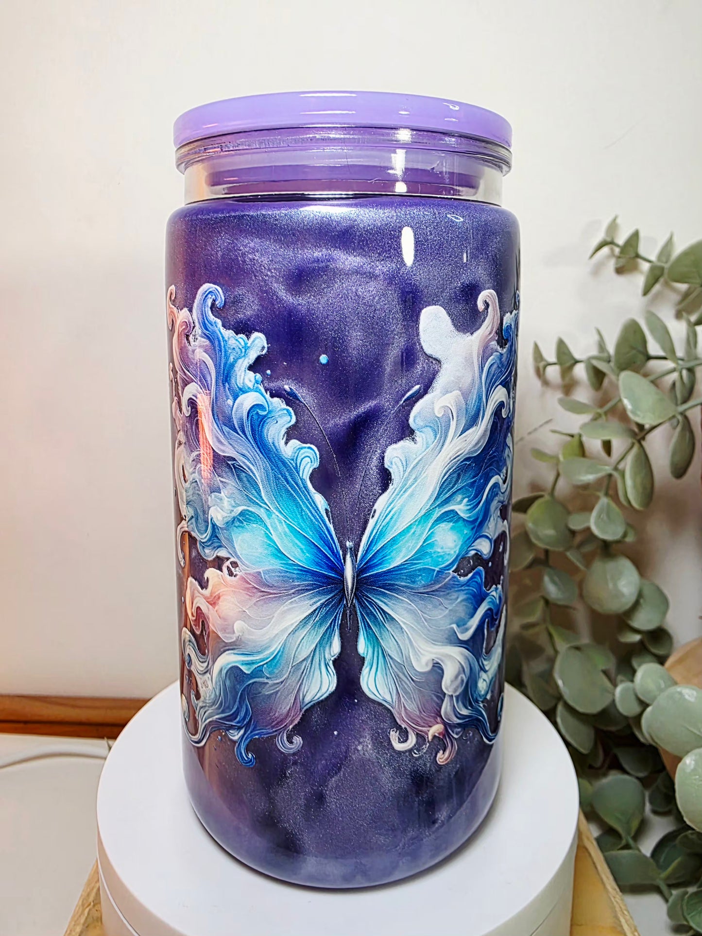Pre-made 16oz acrylic snowglobe. Purple butterfly magic mica cup