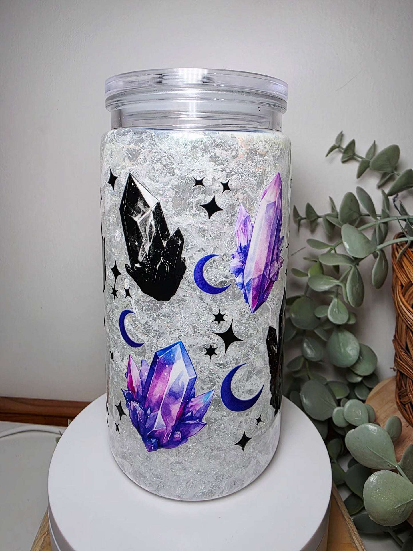 Pre-made 16oz acrylic snowglobe glow in the dark  crystal cup.