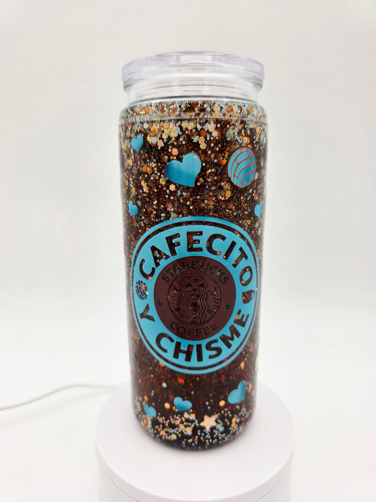 Pre-made 20oz acrylic snowglobe tumbler with handle.