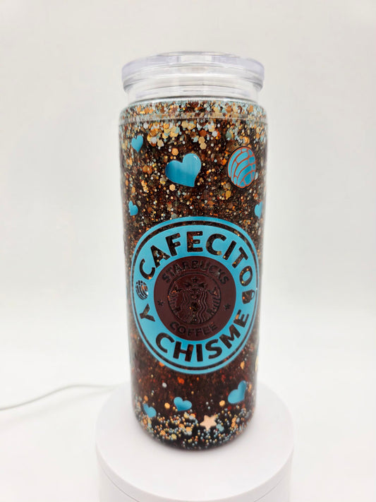 Pre-made 20oz acrylic snowglobe tumbler with handle.
