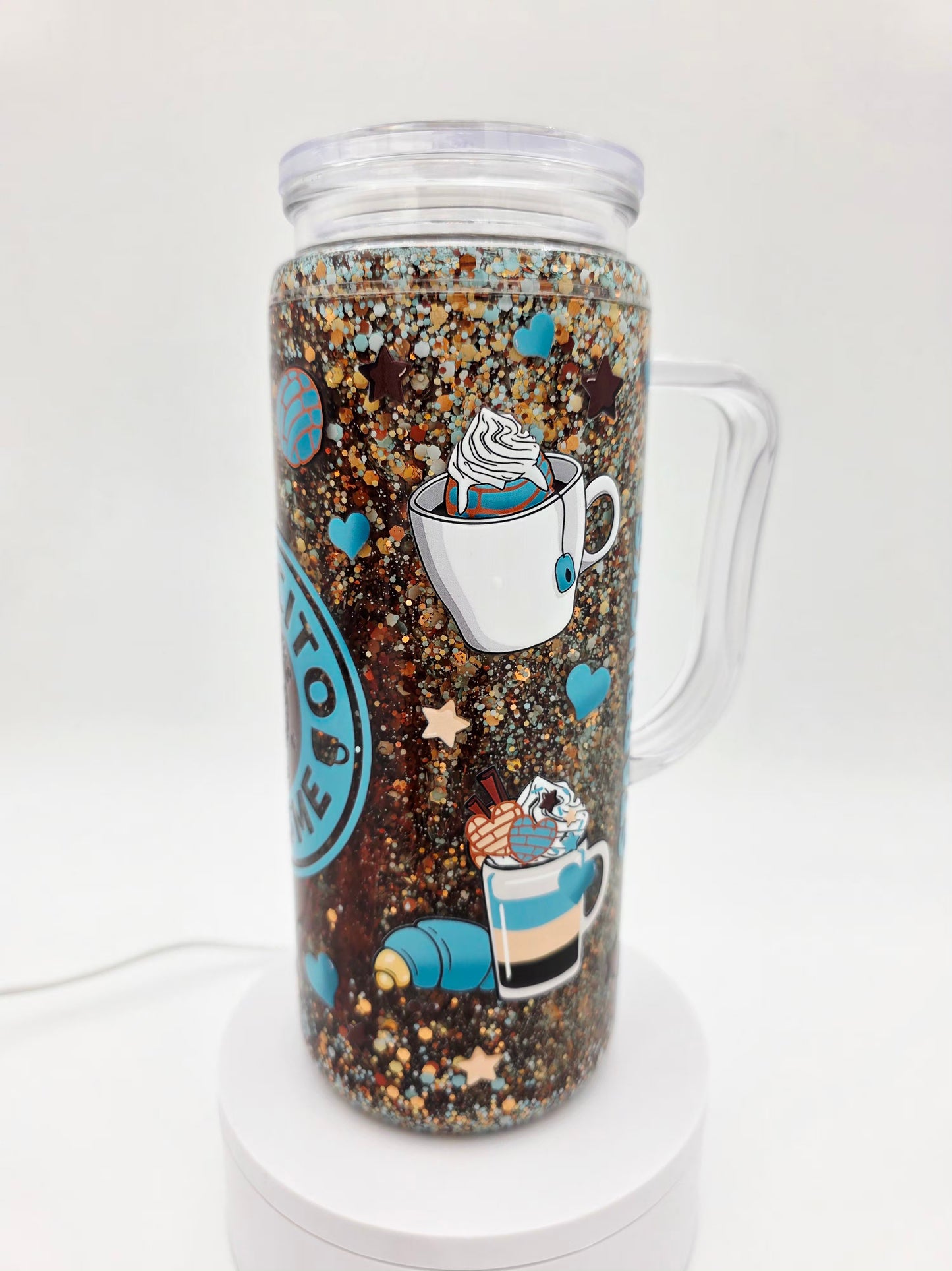 Pre-made 20oz acrylic snowglobe tumbler with handle.