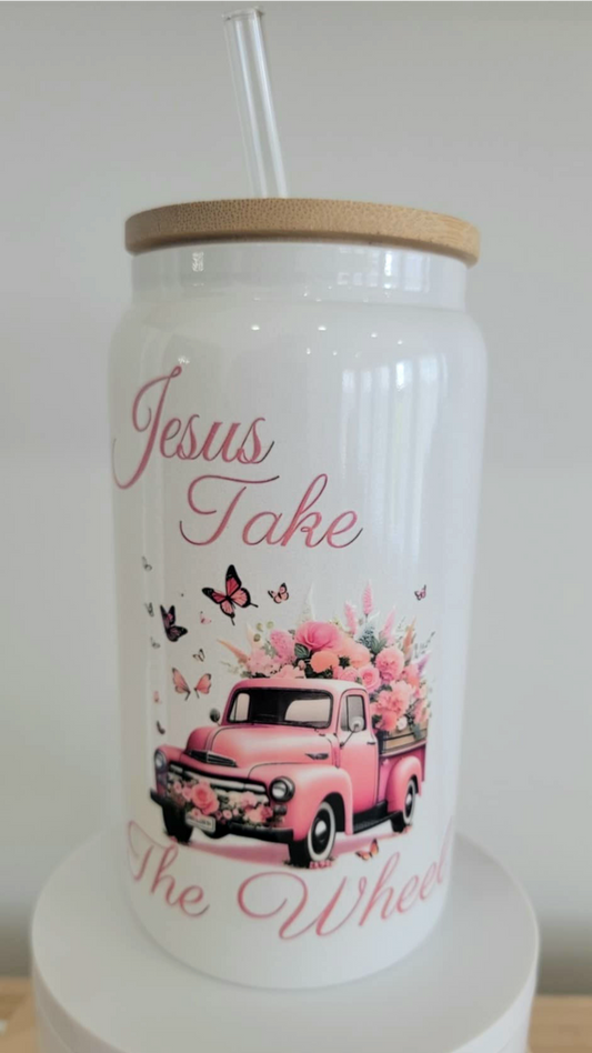 Jesus Take the wheel 16oz.white Glass.